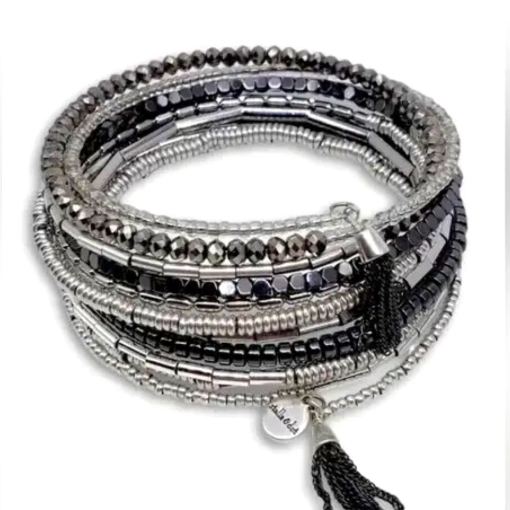 Vintage Stella & Dot Silver Tone Celine Wrap Bracelet w/ Hematite
